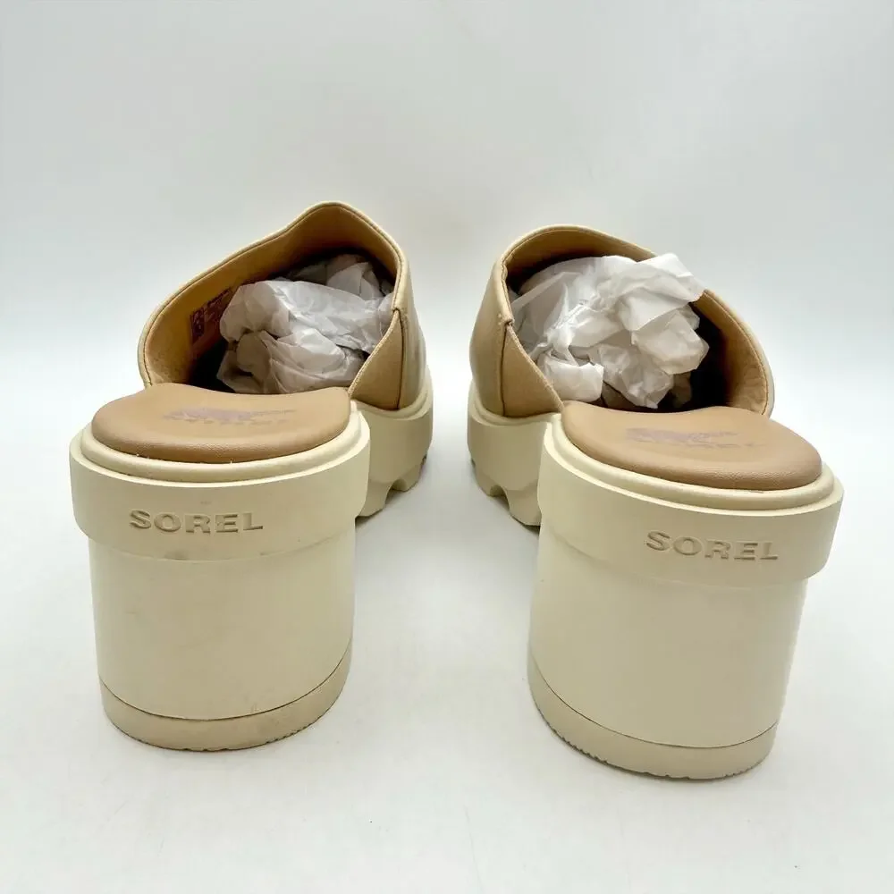 Sorel Womens Joanie Heel Slide Sandal US 7.5 EU 38.5 Beige Tan Leather EUC